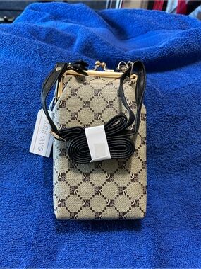 Beige and Brown Patterned Crossbody Bag with Black Strap